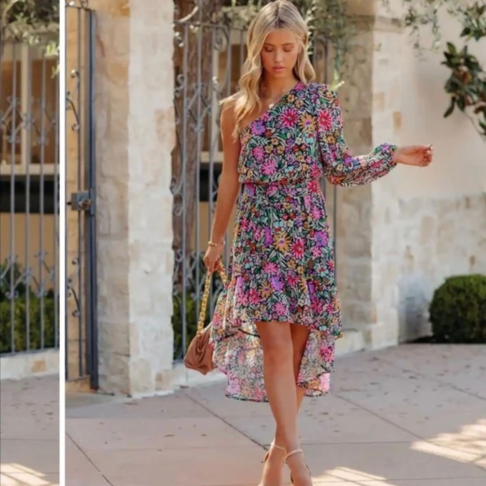 Vici Cute Carnation High Low One Shoulder Chiffon Dress - Medium - NWT